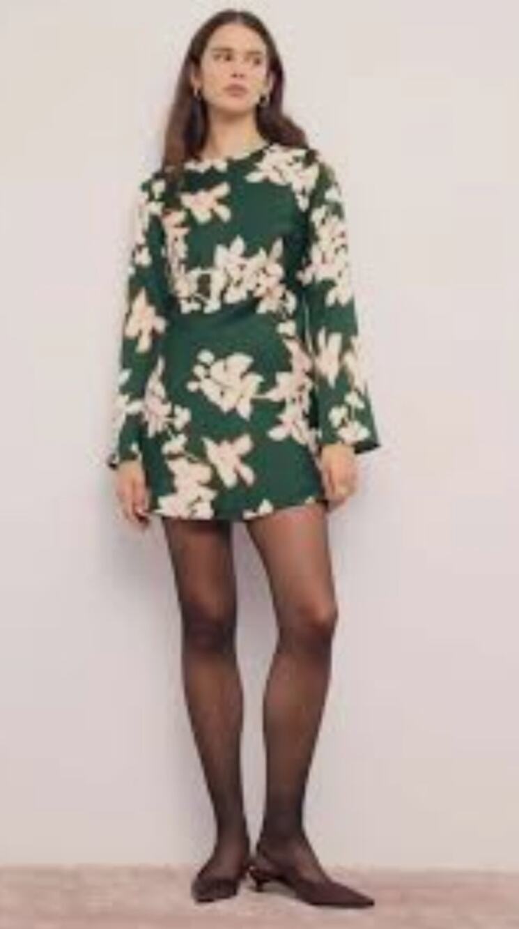 Minkpink Green White Floral Long Bell Sleeve Mini Dress Size Large